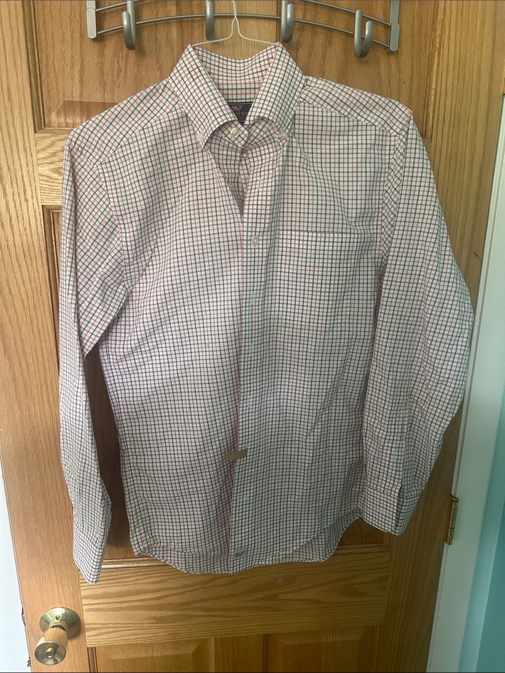 Vineyard Vines White Shirt with Red and Green Windowpane Check